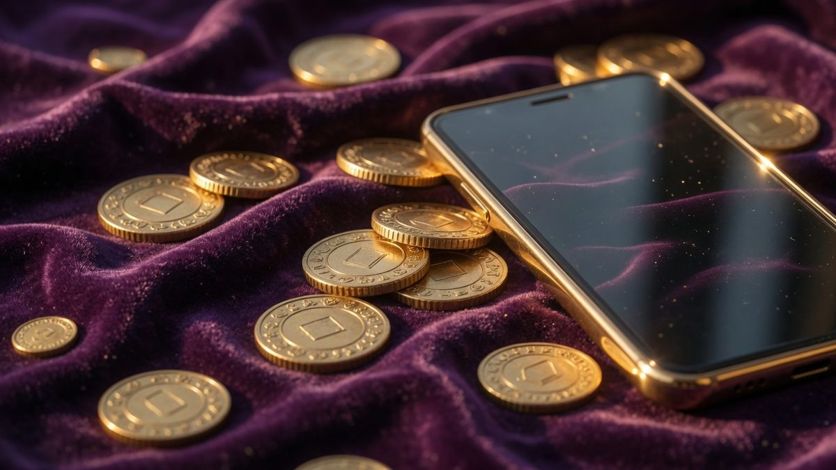 Gold coins and a phone-shaped frame on dark purple velvet for the Hit Fortune APK notes site.